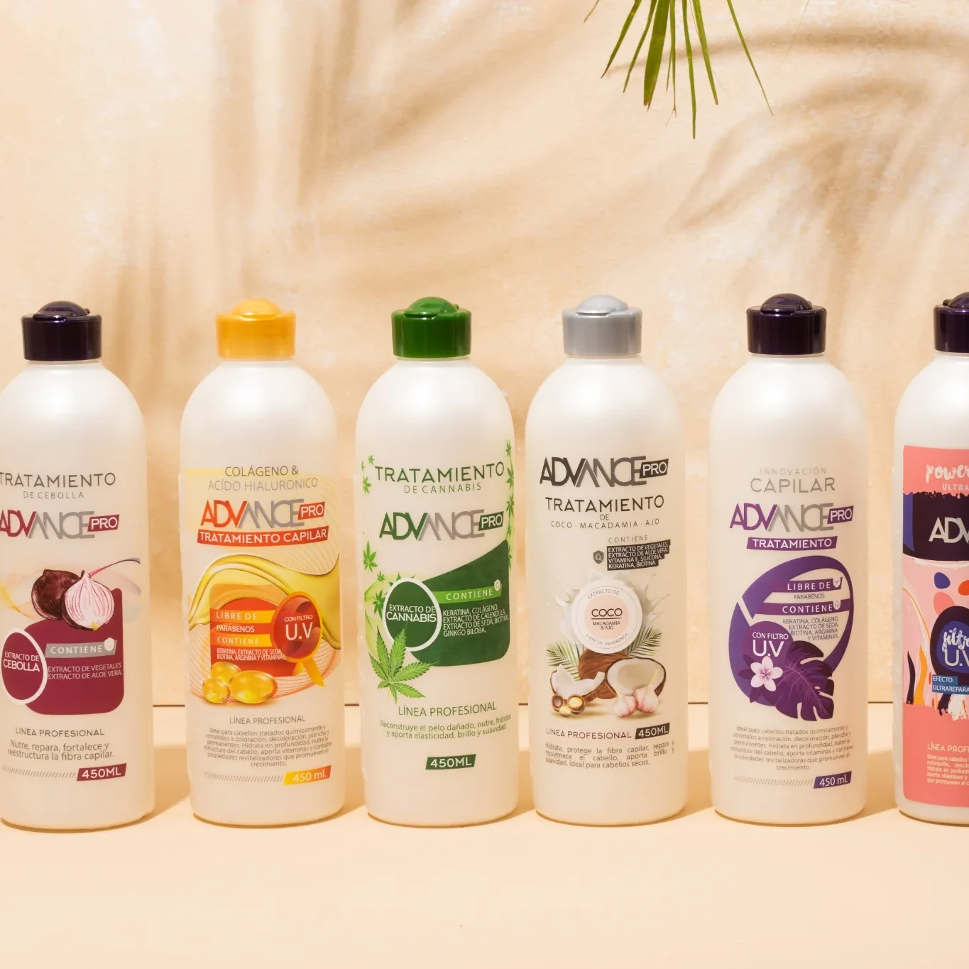 Línea capilar Advance Pro Professional 450ml con tratamientos de cebolla, colágeno, cannabis, coco y aminoácidos